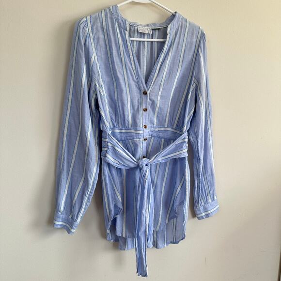 Anthropologie Building 18 South Seas Blue Button Down Belted Stripe Top Tunic 10 - Picture 4 of 12